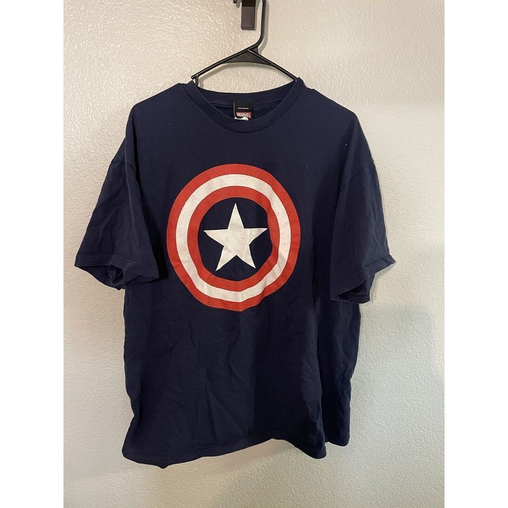 Y2K Marvel‎ Mad Engine Blue Captain American Short Sleeve Shirt Men's XL